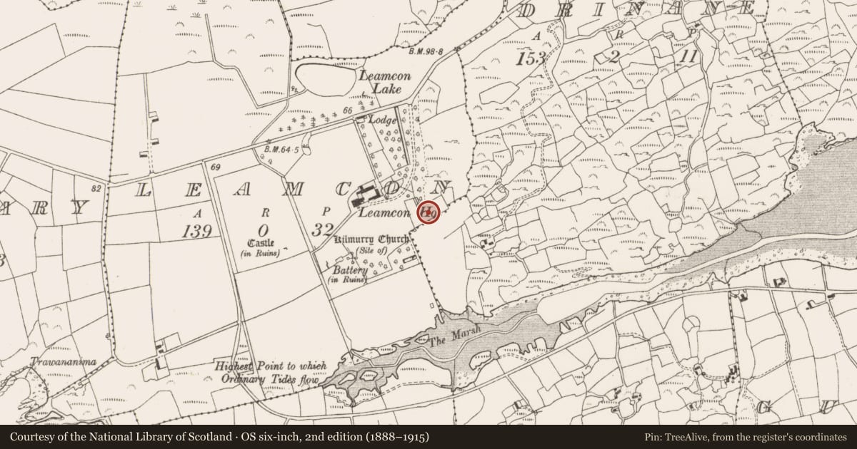 Ordnance Survey six-inch map, 2nd edition (1888–1915) covering the location of Walled garden, Leamcon, County Cork, with a pin at the register's coordinates