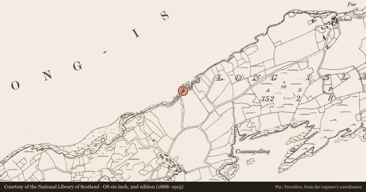 Ordnance Survey six-inch map, 2nd edition (1888–1915) covering the location of Promontory fort - coastal, Long Island, County Cork, with a pin at the register's coordinates