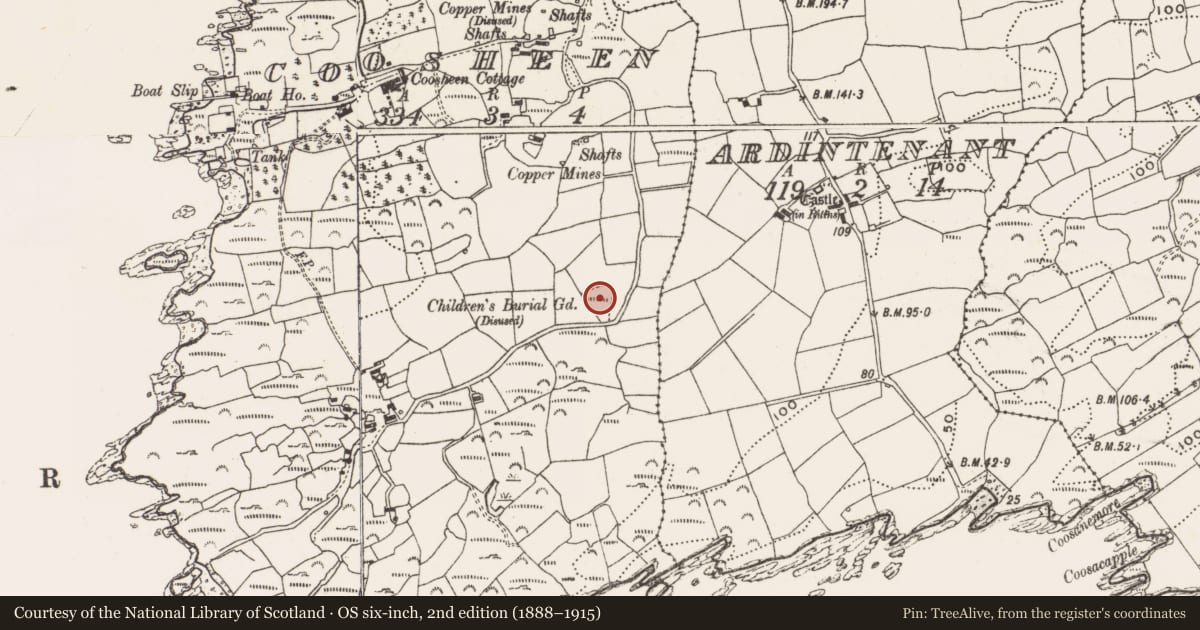 Ordnance Survey six-inch map, 2nd edition (1888–1915) covering the location of Burial ground, Coosheen, County Cork, with a pin at the register's coordinates
