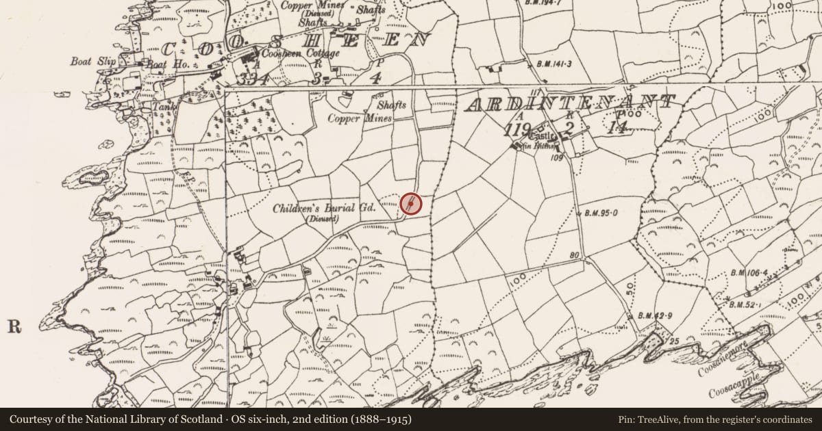 Ordnance Survey six-inch map, 2nd edition (1888–1915) covering the location of Mass-rock, Coosheen, County Cork, with a pin at the register's coordinates