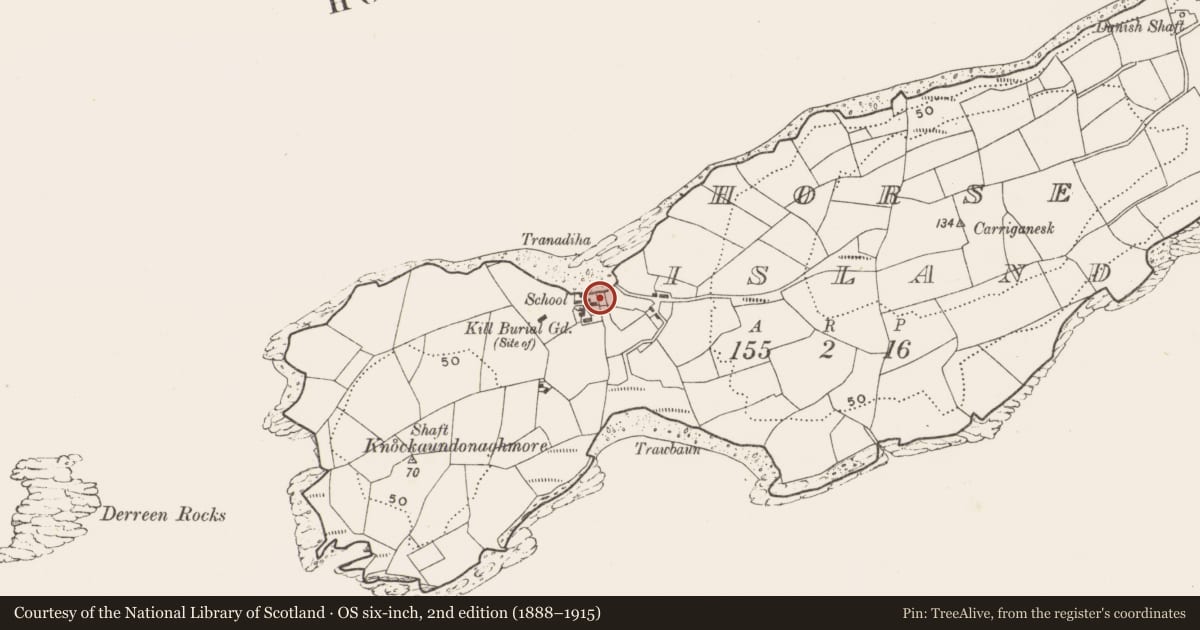 Ordnance Survey six-inch map, 2nd edition (1888–1915) covering the location of Bullaun stone, Horse Island, County Cork, with a pin at the register's coordinates