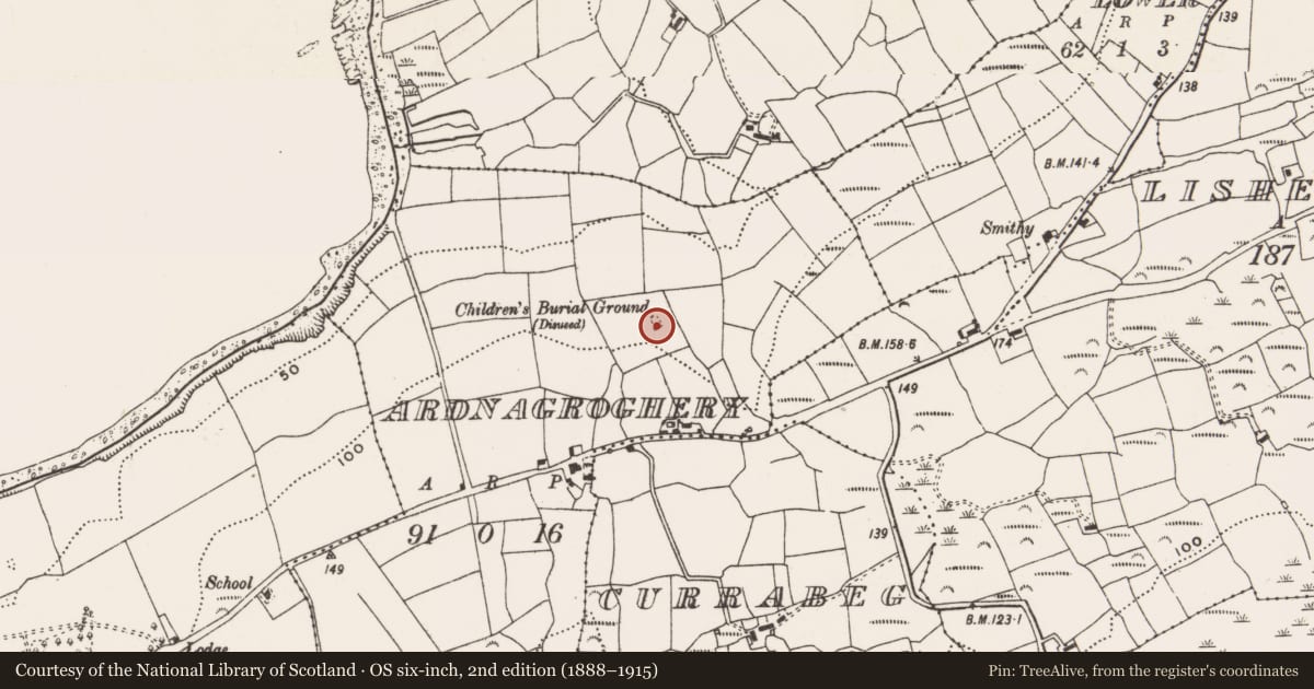 Ordnance Survey six-inch map, 2nd edition (1888–1915) covering the location of Burial ground, Ardnagroghery, County Cork, with a pin at the register's coordinates