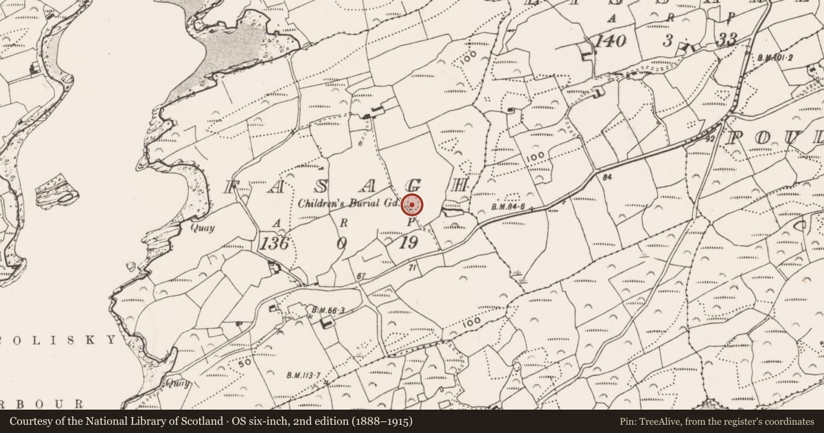 Ordnance Survey six-inch map, 2nd edition (1888–1915) covering the location of Burial ground, Fasagh, County Cork, with a pin at the register's coordinates