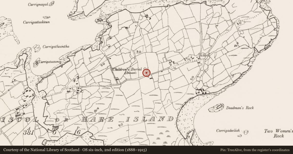 Ordnance Survey six-inch map, 2nd edition (1888–1915) covering the location of Burial ground, Inishodriscol Or Hare Island, County Cork, with a pin at the register's coordinates