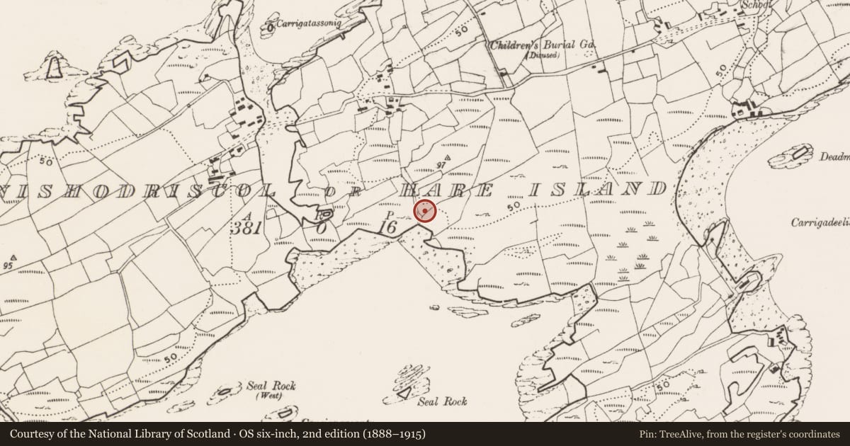 Ordnance Survey six-inch map, 2nd edition (1888–1915) covering the location of Ritual site - holy well, Inishodriscol Or Hare Island, County Cork, with a pin at the register's coordinates