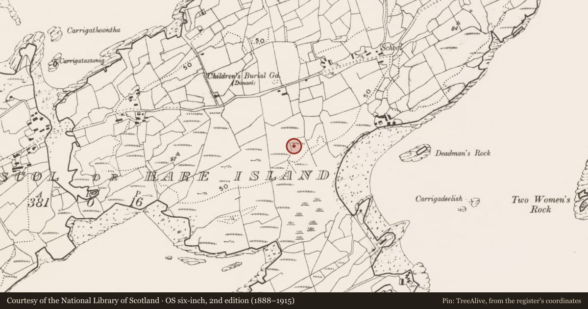 Ordnance Survey six-inch map, 2nd edition (1888–1915) covering the location of Mass-rock, Inishodriscol Or Hare Island, County Cork, with a pin at the register's coordinates