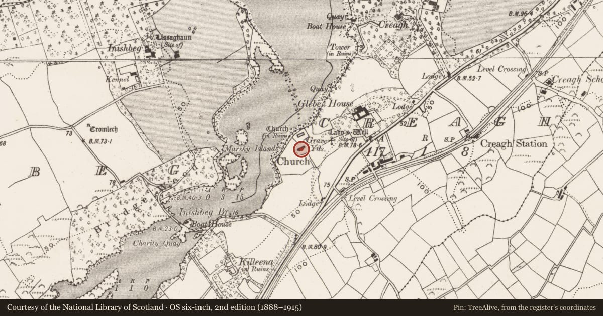 Ordnance Survey six-inch map, 2nd edition (1888–1915) covering the location of Church, Creagh, County Cork, with a pin at the register's coordinates