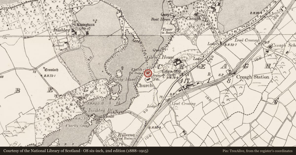 Ordnance Survey six-inch map, 2nd edition (1888–1915) covering the location of Church, Creagh, County Cork, with a pin at the register's coordinates