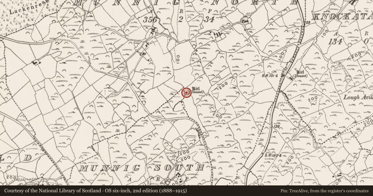 Ordnance Survey six-inch map, 2nd edition (1888–1915) covering the location of Burial ground, Munnig North, County Cork, with a pin at the register's coordinates