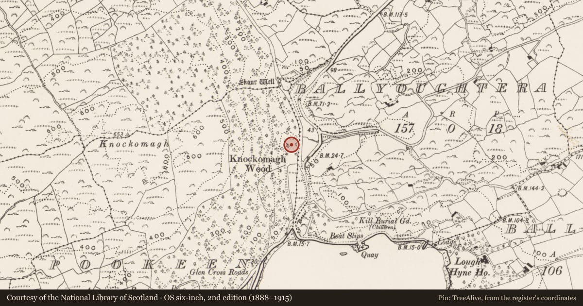 Ordnance Survey six-inch map, 2nd edition (1888–1915) covering the location of Ritual site - holy well, Pookeen, County Cork, with a pin at the register's coordinates
