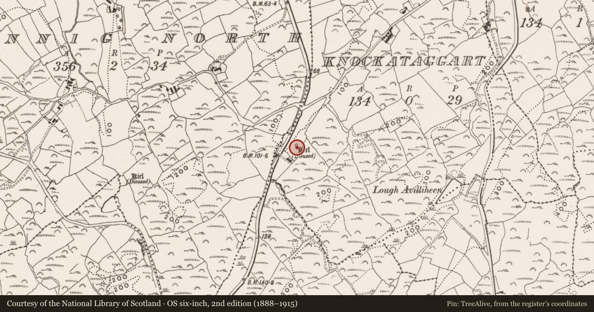 Ordnance Survey six-inch map, 2nd edition (1888–1915) covering the location of Burial ground, Knockataggart, County Cork, with a pin at the register's coordinates