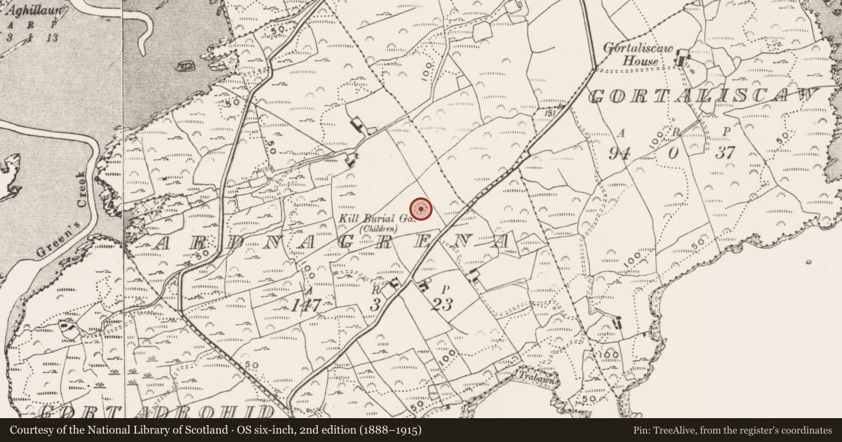 Ordnance Survey six-inch map, 2nd edition (1888–1915) covering the location of Burial ground, Ardnagrena (Ringarogy Island), County Cork, with a pin at the register's coordinates
