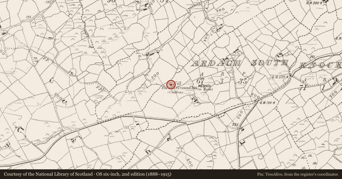 Ordnance Survey six-inch map, 2nd edition (1888–1915) covering the location of Burial ground, Ardagh South, County Cork, with a pin at the register's coordinates