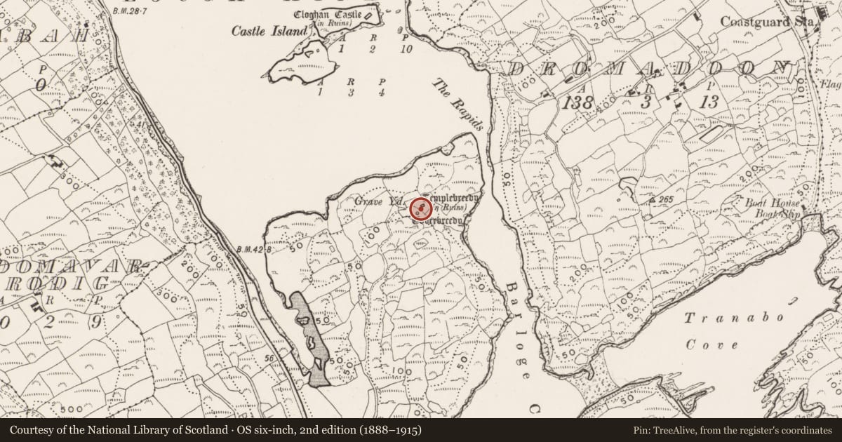 Ordnance Survey six-inch map, 2nd edition (1888–1915) covering the location of Church, Glannafeen, County Cork, with a pin at the register's coordinates