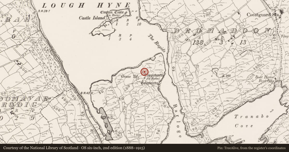 Ordnance Survey six-inch map, 2nd edition (1888–1915) covering the location of Ritual site - holy well, Glannafeen, County Cork, with a pin at the register's coordinates