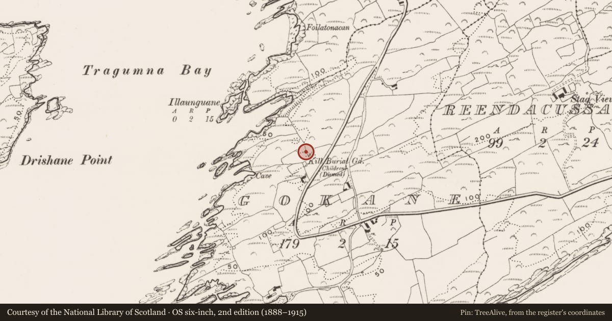 Ordnance Survey six-inch map, 2nd edition (1888–1915) covering the location of Burial ground, Gokane, County Cork, with a pin at the register's coordinates