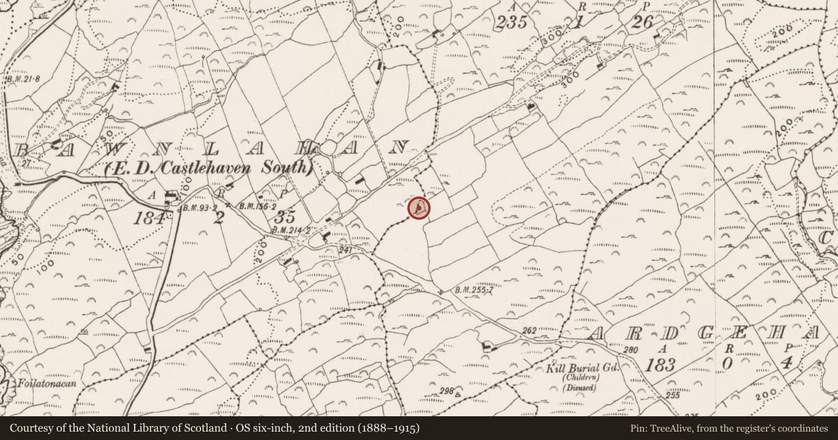 Ordnance Survey six-inch map, 2nd edition (1888–1915) covering the location of Burial ground, Barryroe, County Cork, with a pin at the register's coordinates