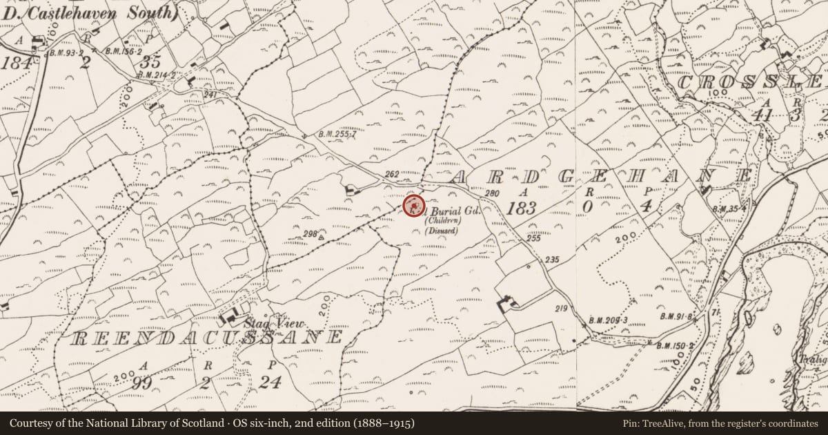 Ordnance Survey six-inch map, 2nd edition (1888–1915) covering the location of Burial ground, Ardgehane, County Cork, with a pin at the register's coordinates