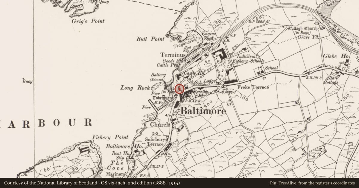 Ordnance Survey six-inch map, 2nd edition (1888–1915) covering the location of House - fortified house, Baltimore, County Cork, with a pin at the register's coordinates