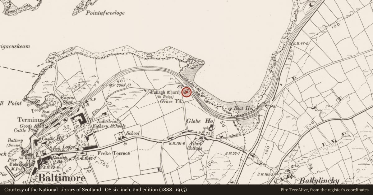 Ordnance Survey six-inch map, 2nd edition (1888–1915) covering the location of Church, Baltimore, County Cork, with a pin at the register's coordinates