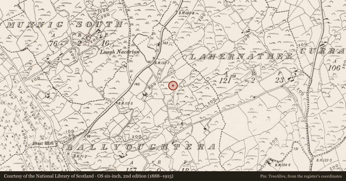Ordnance Survey six-inch map, 2nd edition (1888–1915) covering the location of Standing stone, Ballyoughtera, County Cork, with a pin at the register's coordinates