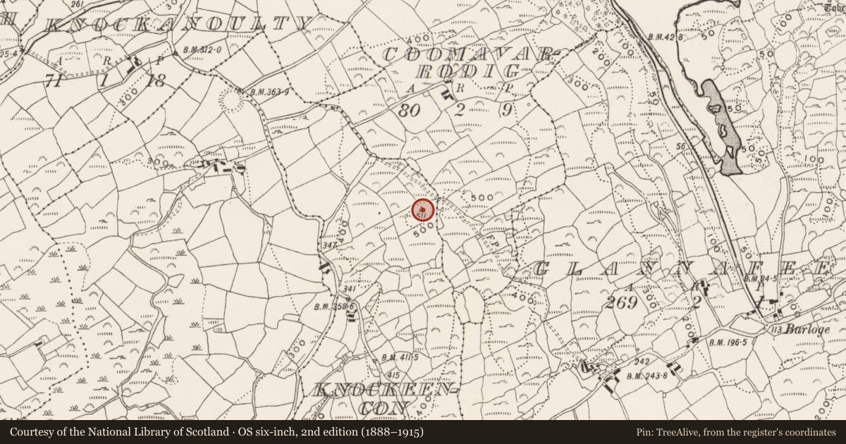 Ordnance Survey six-inch map, 2nd edition (1888–1915) covering the location of Cairn - unclassified, Knockeencon, County Cork, with a pin at the register's coordinates