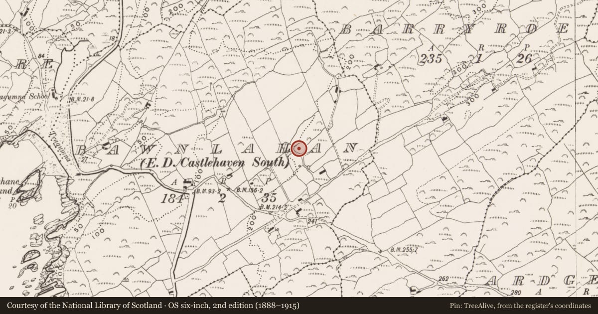 Ordnance Survey six-inch map, 2nd edition (1888–1915) covering the location of Souterrain, Bawnlahan (Carbery West By., Castlehaven Par.), County Cork, with a pin at the register's coordinates