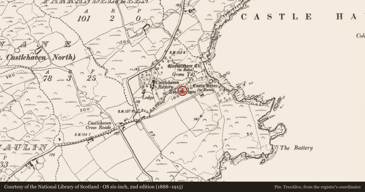 Ordnance Survey six-inch map, 2nd edition (1888–1915) covering the location of Ritual site - holy well, Castlehaven, County Cork, with a pin at the register's coordinates