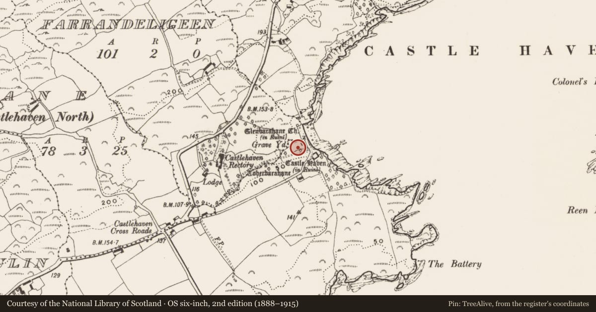 Ordnance Survey six-inch map, 2nd edition (1888–1915) covering the location of Graveyard, Castlehaven, County Cork, with a pin at the register's coordinates