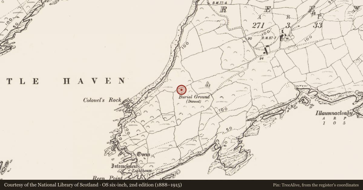 Ordnance Survey six-inch map, 2nd edition (1888–1915) covering the location of Souterrain, Reen, County Cork, with a pin at the register's coordinates