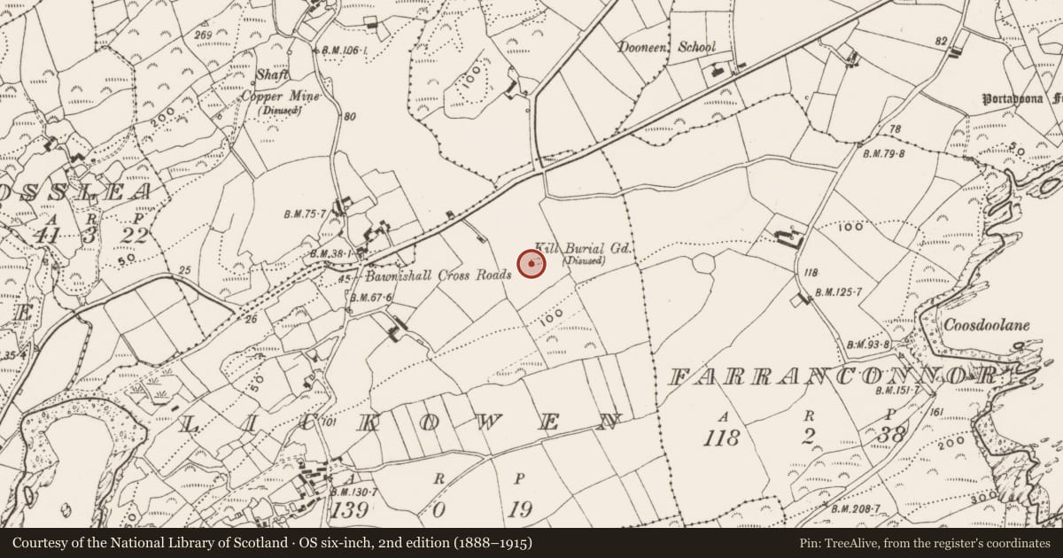 Ordnance Survey six-inch map, 2nd edition (1888–1915) covering the location of Burial ground, Lickowen, County Cork, with a pin at the register's coordinates