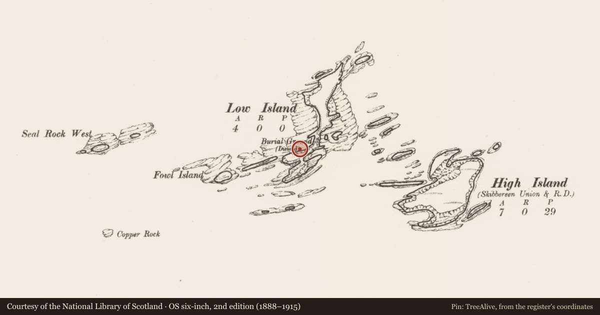Ordnance Survey six-inch map, 2nd edition (1888–1915) covering the location of Burial ground, Low Island, County Cork, with a pin at the register's coordinates
