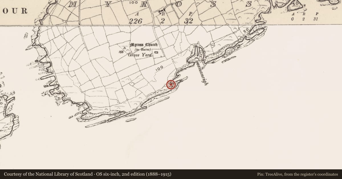Ordnance Survey six-inch map, 2nd edition (1888–1915) covering the location of Promontory fort - coastal, Myross, County Cork, with a pin at the register's coordinates