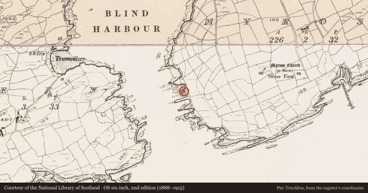 Ordnance Survey six-inch map, 2nd edition (1888–1915) covering the location of Promontory fort - coastal, Myross, County Cork, with a pin at the register's coordinates