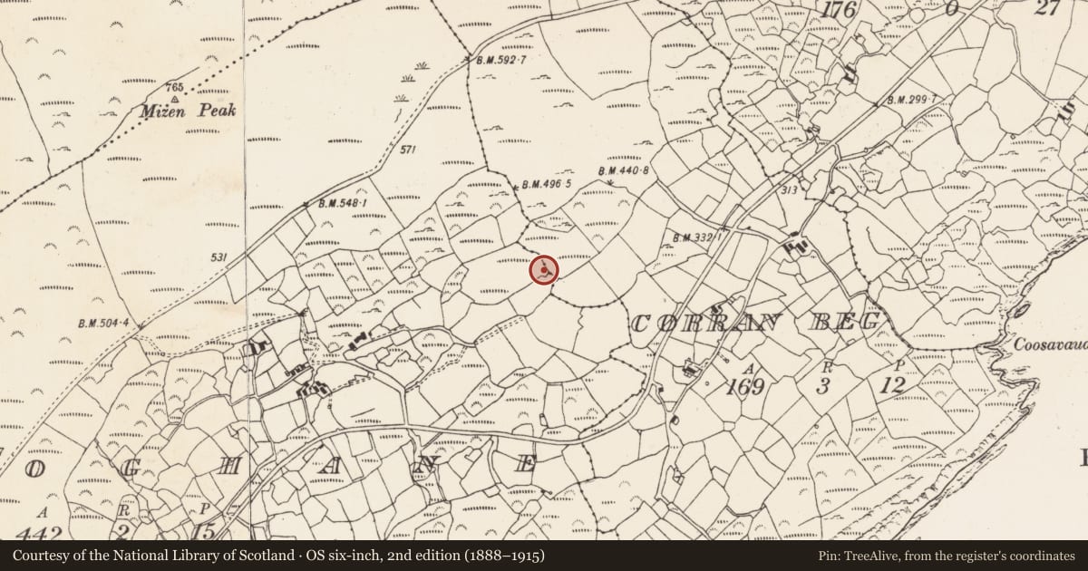 Ordnance Survey six-inch map, 2nd edition (1888–1915) covering the location of Burial ground, Cloghane, County Cork, with a pin at the register's coordinates