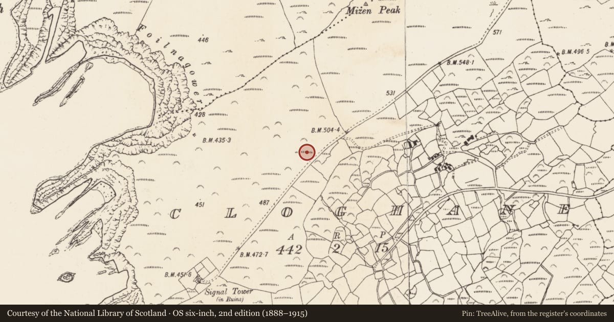 Ordnance Survey six-inch map, 2nd edition (1888–1915) covering the location of Enclosure, Cloghane, County Cork, with a pin at the register's coordinates