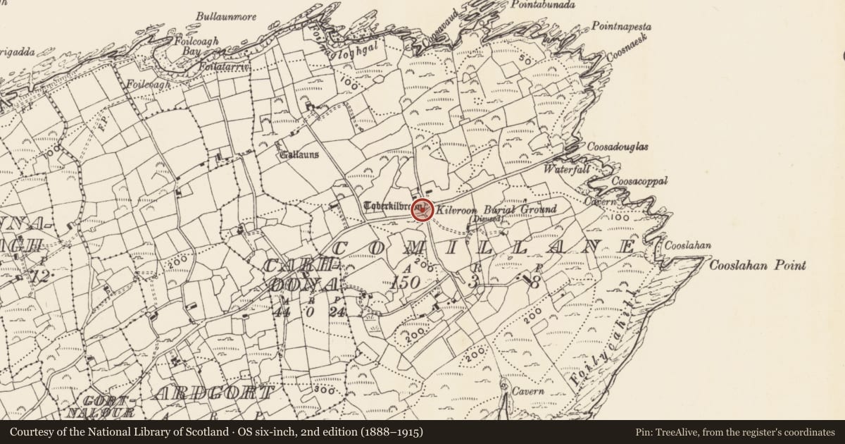 Ordnance Survey six-inch map, 2nd edition (1888–1915) covering the location of Ritual site - holy well, Comalán (Cléire), County Cork, with a pin at the register's coordinates