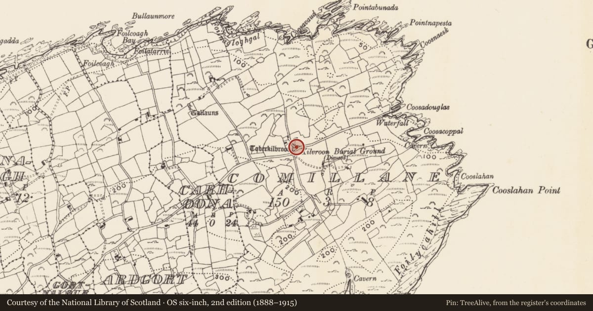 Ordnance Survey six-inch map, 2nd edition (1888–1915) covering the location of Burial ground, Comalán (Cléire), County Cork, with a pin at the register's coordinates