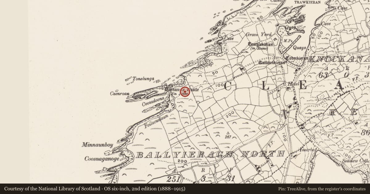 Ordnance Survey six-inch map, 2nd edition (1888–1915) covering the location of Earthwork, Baile Iarthach Thuaidh (Cléire), County Cork, with a pin at the register's coordinates