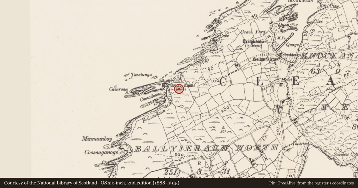 Ordnance Survey six-inch map, 2nd edition (1888–1915) covering the location of Hut site, Baile Iarthach Thuaidh (Cléire), County Cork, with a pin at the register's coordinates