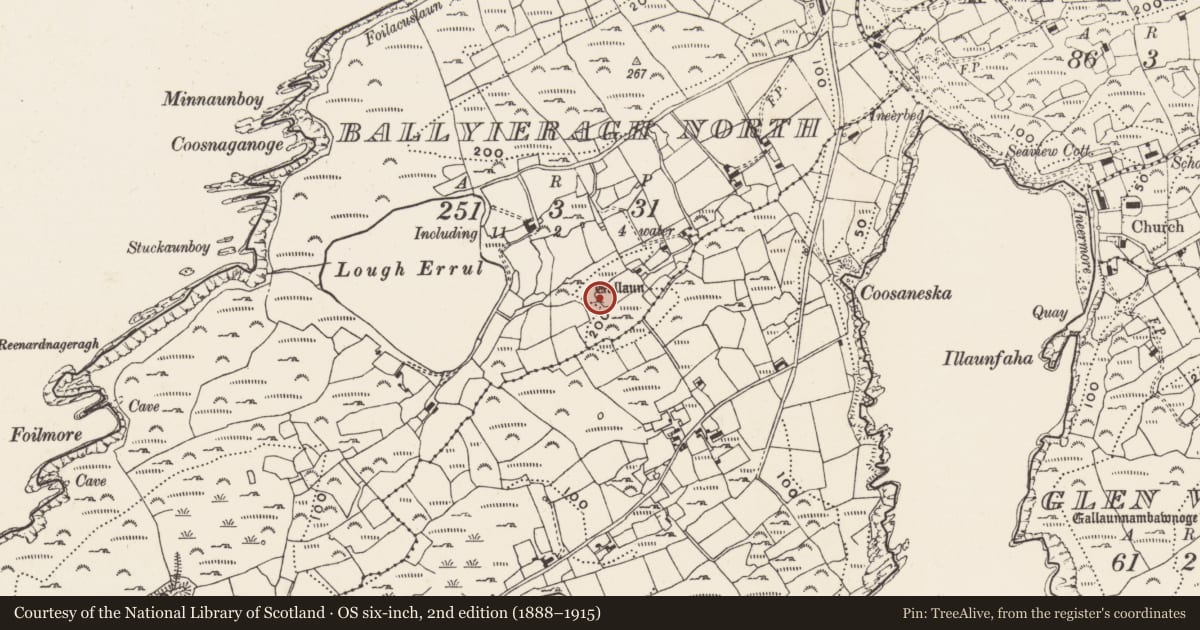 Ordnance Survey six-inch map, 2nd edition (1888–1915) covering the location of Cross-slab, Baile Iarthach Thuaidh (Cléire), County Cork, with a pin at the register's coordinates