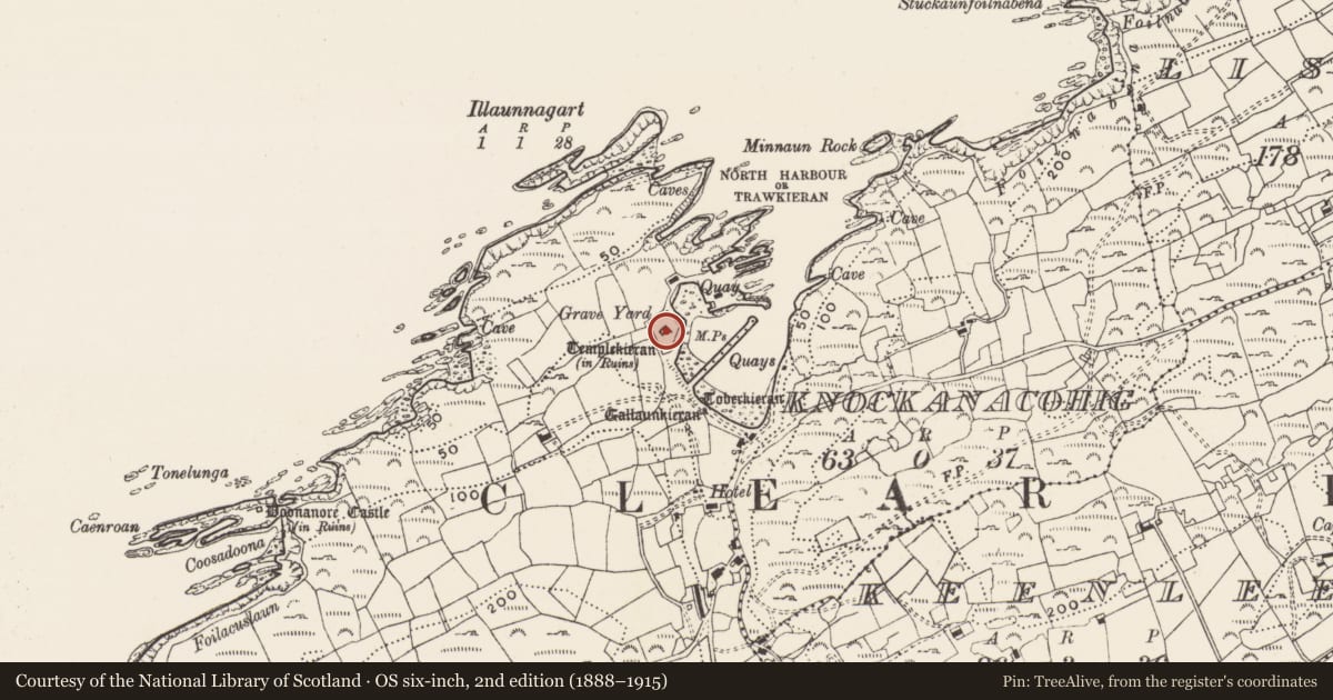Ordnance Survey six-inch map, 2nd edition (1888–1915) covering the location of Graveyard, Baile Iarthach Thuaidh (Cléire), County Cork, with a pin at the register's coordinates
