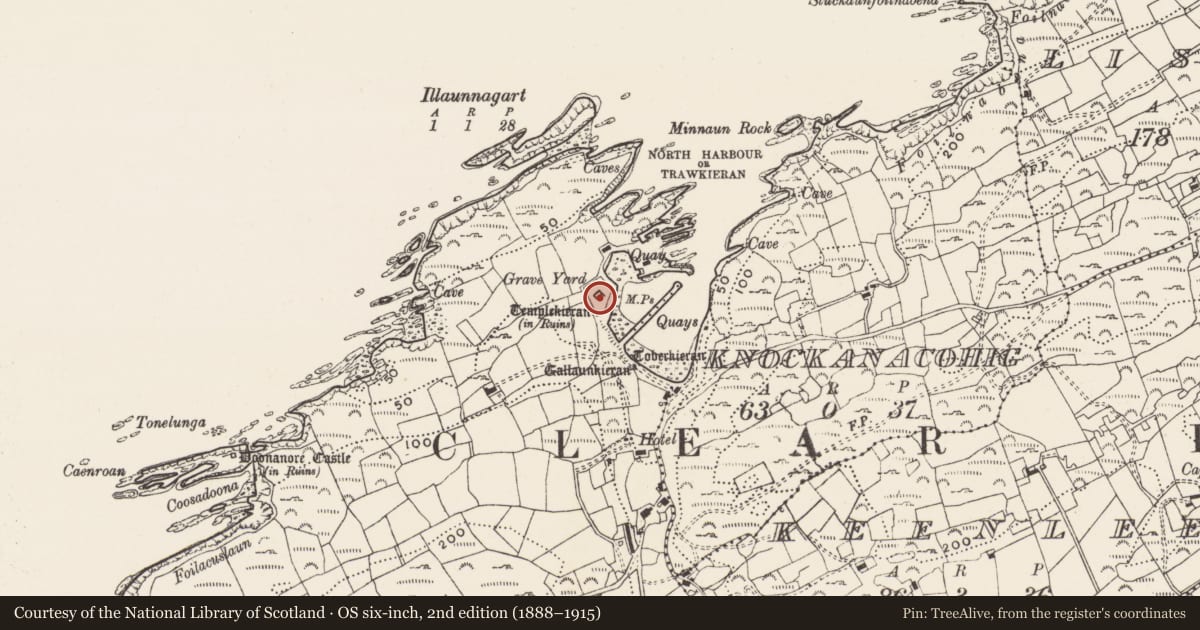 Ordnance Survey six-inch map, 2nd edition (1888–1915) covering the location of Church, Baile Iarthach Thuaidh (Cléire), County Cork, with a pin at the register's coordinates