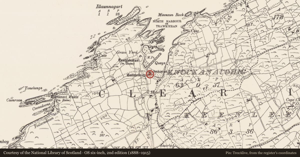 Ordnance Survey six-inch map, 2nd edition (1888–1915) covering the location of Cross-slab, Baile Iarthach Thuaidh (Cléire), County Cork, with a pin at the register's coordinates