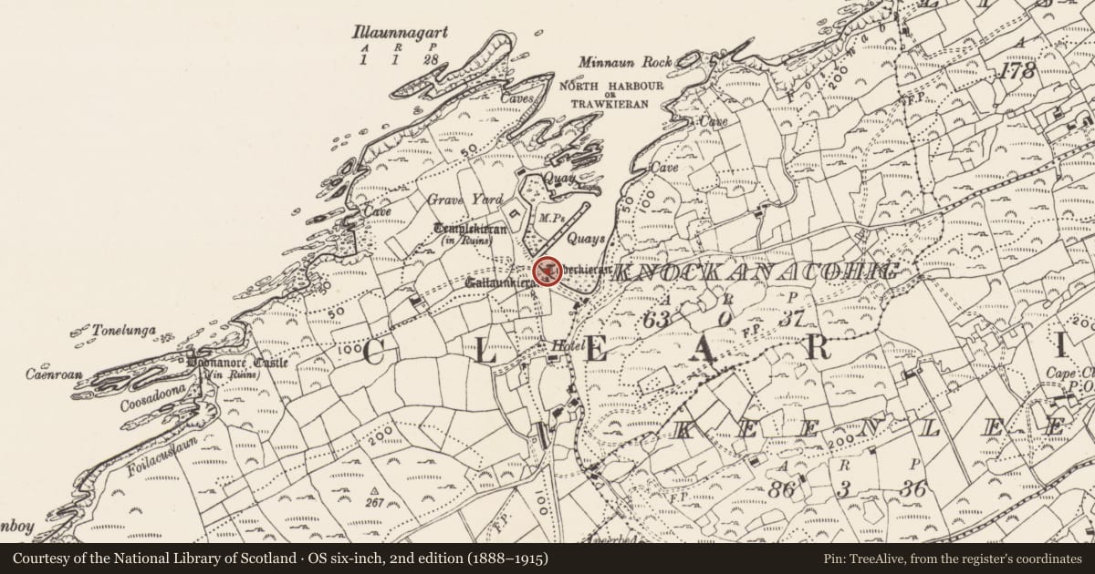 Ordnance Survey six-inch map, 2nd edition (1888–1915) covering the location of Ritual site - holy well, Baile Iarthach Thuaidh (Cléire), County Cork, with a pin at the register's coordinates