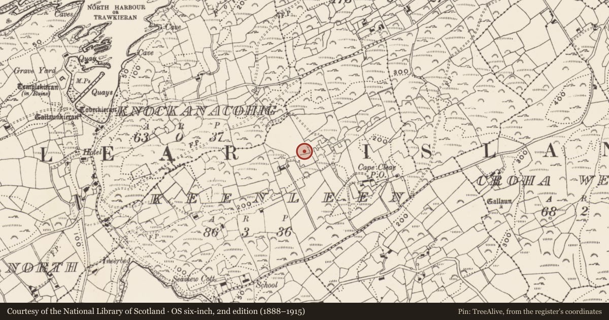 Ordnance Survey six-inch map, 2nd edition (1888–1915) covering the location of Pillar stone, Coinlín (Cléire), County Cork, with a pin at the register's coordinates