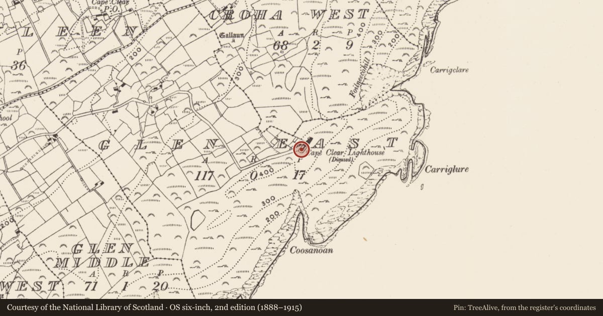 Ordnance Survey six-inch map, 2nd edition (1888–1915) covering the location of Lighthouse, Gleann Oirtheach (Cléire), County Cork, with a pin at the register's coordinates