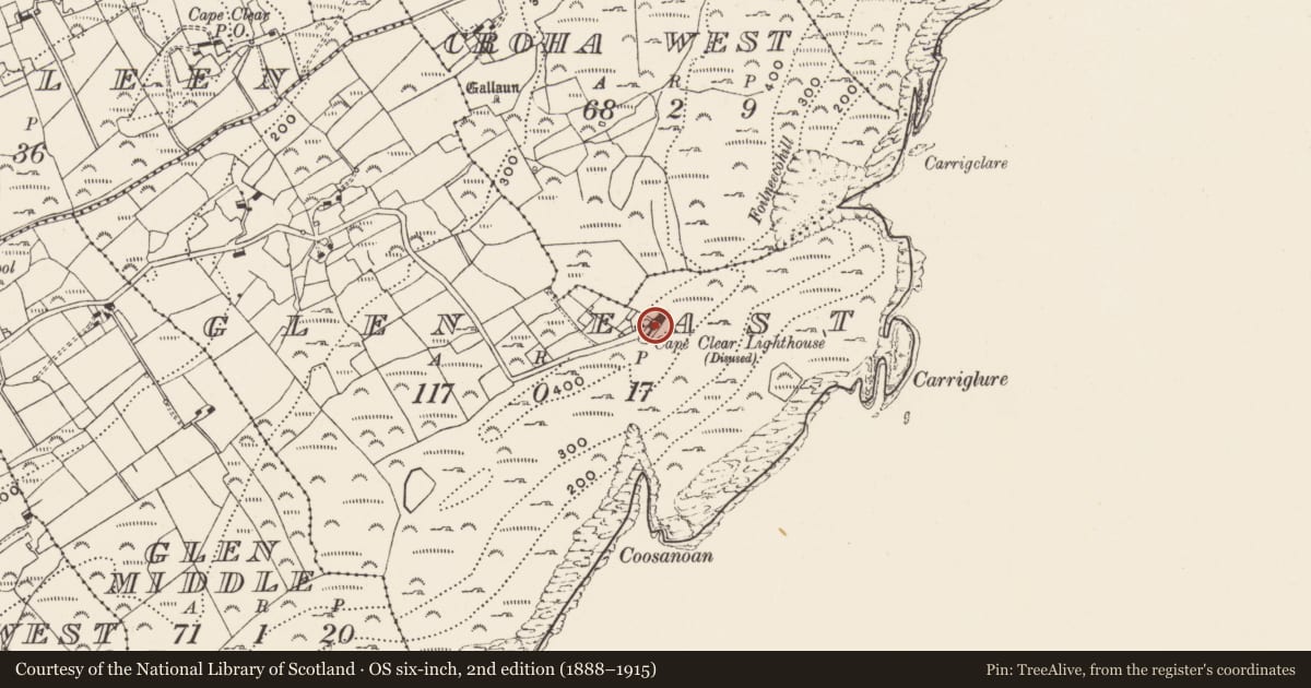 Ordnance Survey six-inch map, 2nd edition (1888–1915) covering the location of Signal tower, Gleann Oirtheach (Cléire), County Cork, with a pin at the register's coordinates