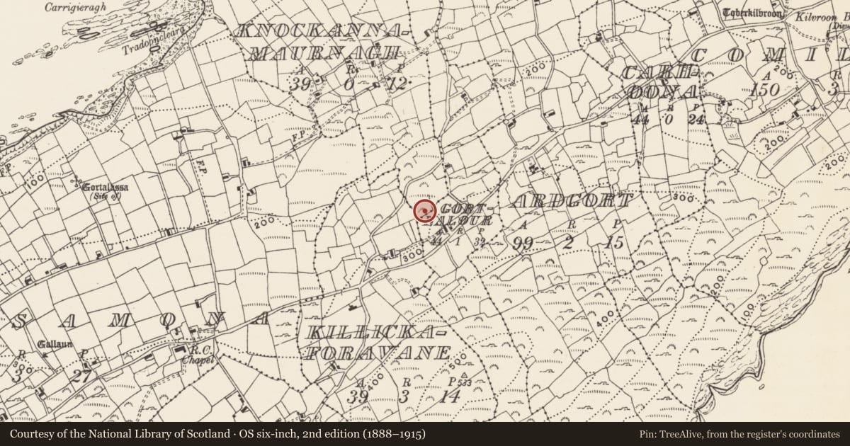 Ordnance Survey six-inch map, 2nd edition (1888–1915) covering the location of Fulacht fia, Gort Na Lobhar (Cléire), County Cork, with a pin at the register's coordinates