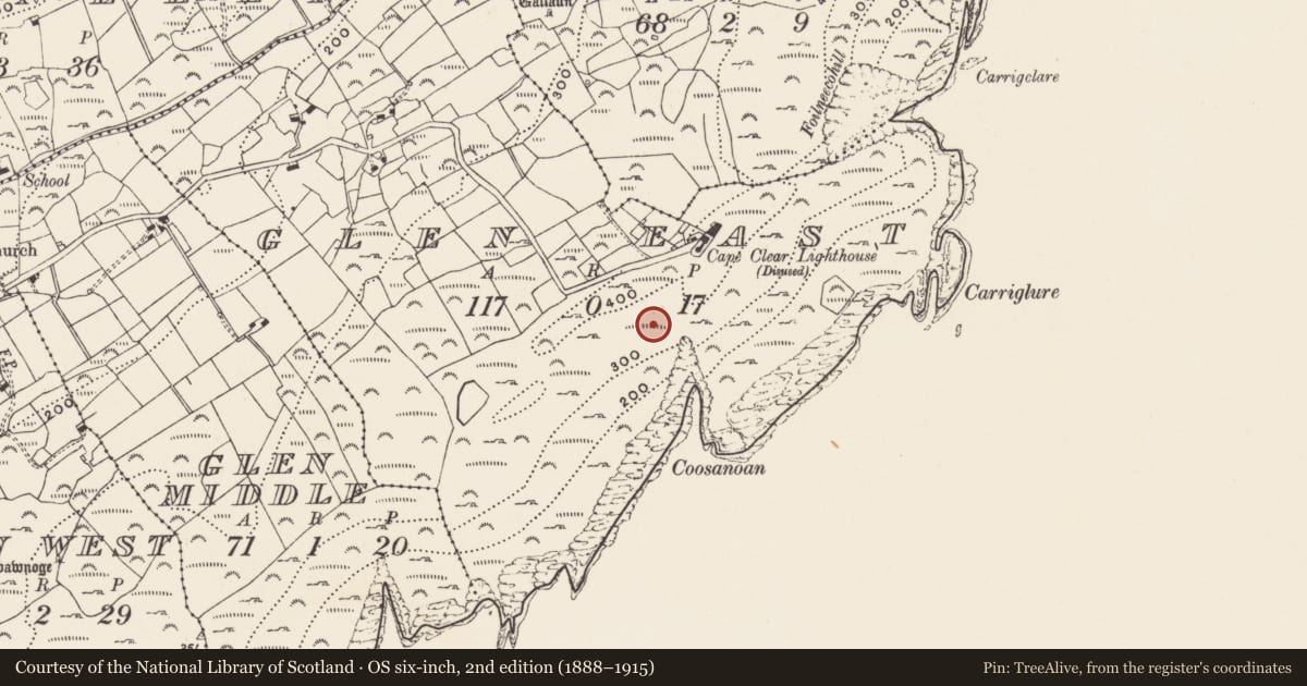 Ordnance Survey six-inch map, 2nd edition (1888–1915) covering the location of Hut site, Gleann Oirtheach (Cléire), County Cork, with a pin at the register's coordinates
